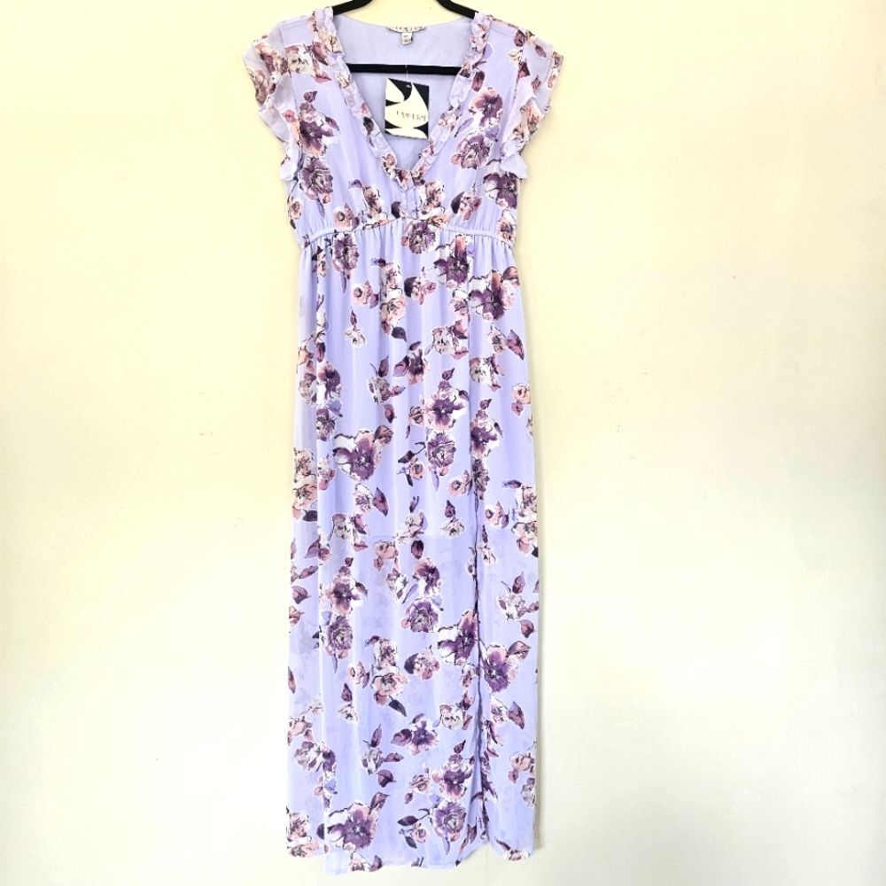 Inspired Hearts Dress Womens Sz M Maxi Lavender Floral Sheer Babydoll NWT